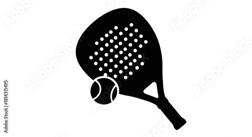 A black silhouette icon of a padel racket and ball on a white background.