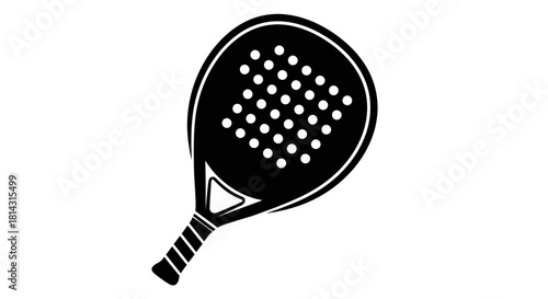 Black silhouette of a padel racket with a textured surface and handle, used for playing padel tennis, isolated on white background.