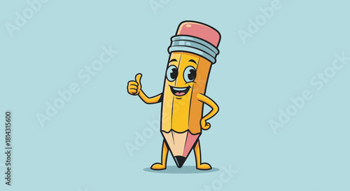 A cheerful cartoon pencil character giving a thumbs-up gesture against a light blue background.