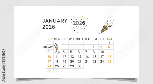 January 2026 calendar page with festive New Year's Eve illustrations.