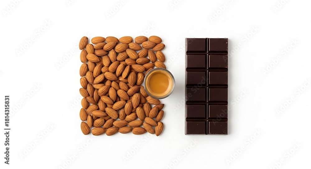 Fototapeta premium Overhead View of Dark Chocolate Bar, Espresso Shot, and Almonds on White Background