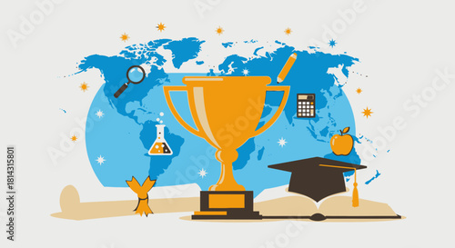 A vibrant illustration depicting a golden trophy symbolizing global educational achievement and scientific exploration with various academic elements.
