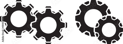 Set of Interacting Gears Icons. Solid Black Modern Cogwheel, Settings, System,  Configuration, and Mechanical Process Vector Symbol on White Background.