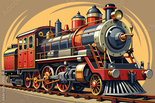 Classic train locomotive vehicle taken in detailed side view, powerful engine design, industrial transport machinery, vintage railway aesthetic elements.