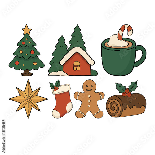 Obraz na plátně Ensemble de dessins colorés des fêtes de Noël, symbole des fêtes de fin d'année