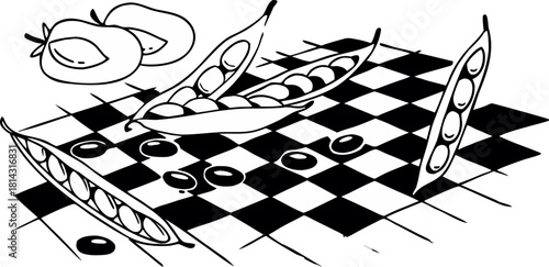 An illustrated arrangement of various legumes. Several green pea pods, some open to reveal the round green peas, are scattered across the frame. There are also piles of shelled peas. Red kidney beans 