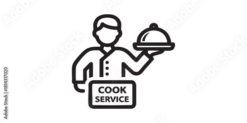Cooker with dish line icon, cooking concept. Vector graphics. Man and tray in his hand, cook service sign on white background, style icon mobile or web design.