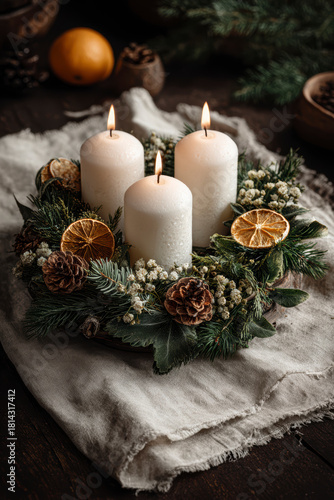 Three Advent Candles Lit in a Festive Wreath with Pine Branches and Cinnamon. AI generative.