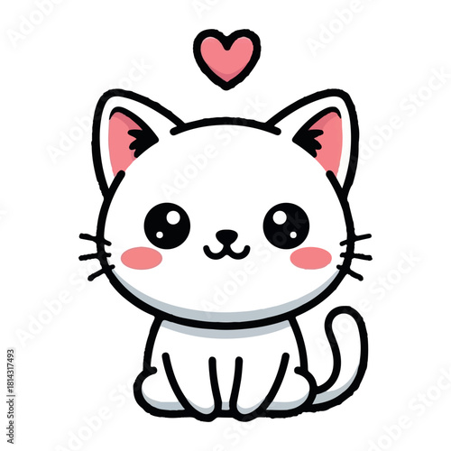 An adorable white kawaii kitten sitting with a pink heart, a charming and cute cartoon cat character vector illustration