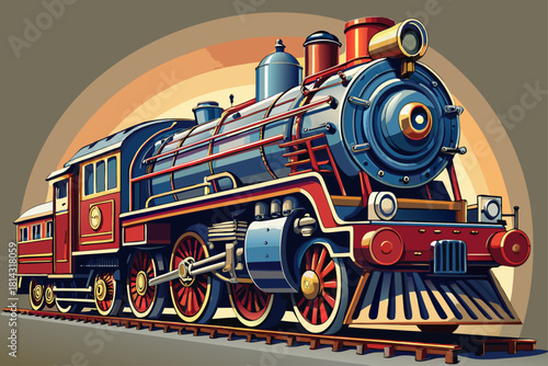 Classic train locomotive vehicle taken in detailed side view, powerful engine design, industrial transport machinery, vintage railway aesthetic elements.