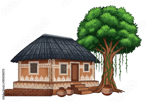 Traditional Indian Village House Vector | Cultural Warli Folk Art Hut Illustration