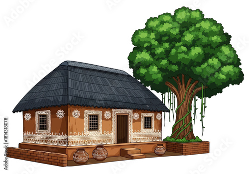 Traditional Indian Village House Vector | Cultural Warli Folk Art Hut Illustration