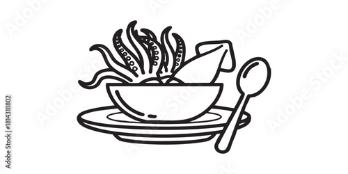 Plate with bowled squid tentacles line icon, japanese food concept. Vector graphics. Squid dish with spoon, seafood sign on white background, style icon mobile or web design