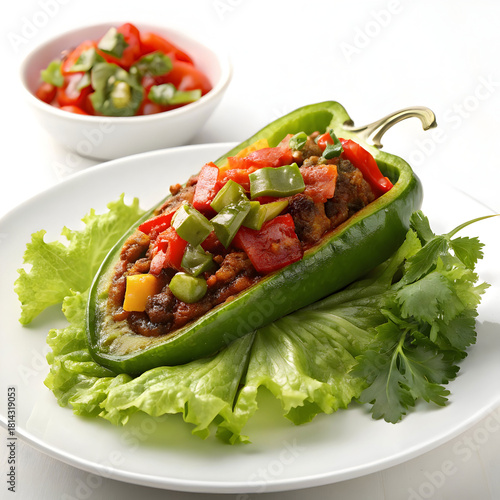 chile morron con lechuga en la base con fond blan