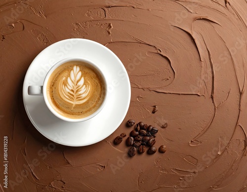 Aromatic coffee latte art composition on a textured chocolate background