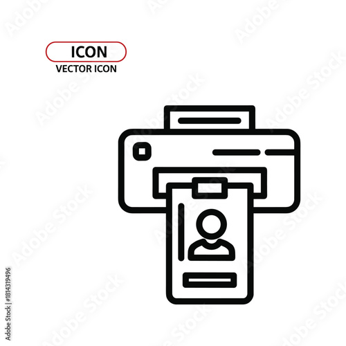 Outline icon of a printer producing an identification card or badge with a person silhouette, isolated on