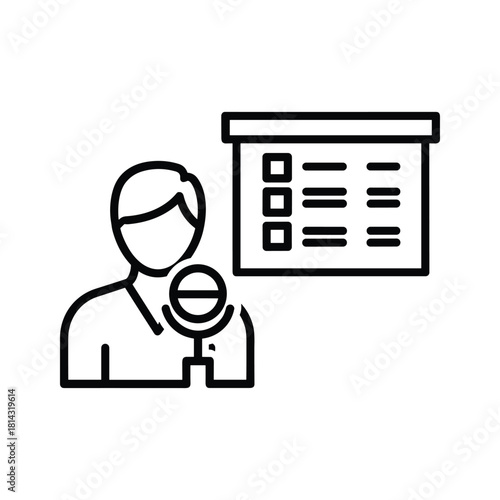 Line icon of a person speaking into a microphone in front of a presentation board with checklist isolated on