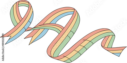 A white background serves as the canvas for a collection of flowing, ribbon-like forms. These forms twist, turn, and loop across the frame, each rendered with a vibrant, gradient color scheme. The pal