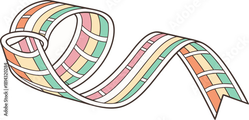 A white background serves as the canvas for a collection of flowing, ribbon-like forms. These forms twist, turn, and loop across the frame, each rendered with a vibrant, gradient color scheme. The pal