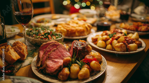 冬のクリスマスパーティーのテーブルを彩るローストビーフとワインの肉料理ディナー写真