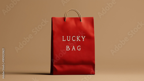 新年1月の冬に撮る福袋写真、赤色紙袋のショッピングバッグ買い物袋LUCKY BAG