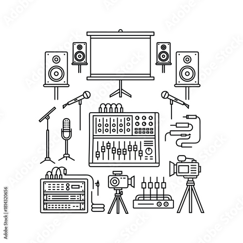Collection of line art icons representing audio and video production equipment for presentation or recording isolated on