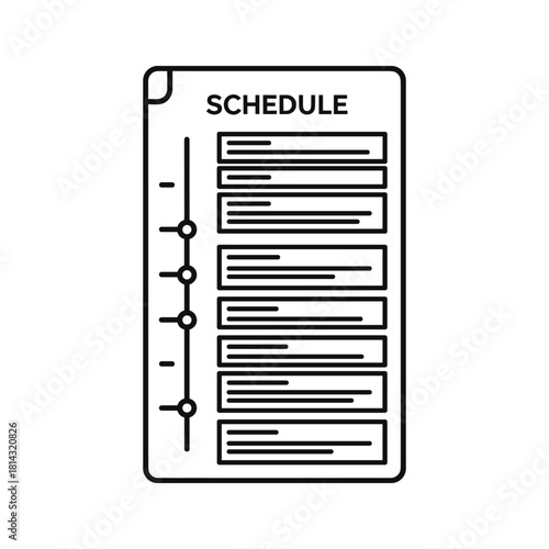 Black and white line art icon representing a schedule or timeline document with text entries and markers, isolated on