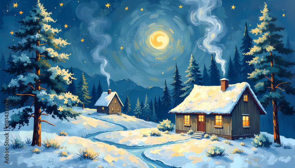 Fototapeta premium Winter wonderland scene with cozy cabins, snow, and a bright moonlit sky