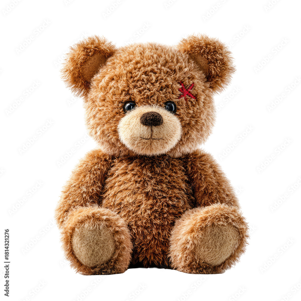 Fototapeta premium Adorable brown teddy bear with a red patch on transparent background