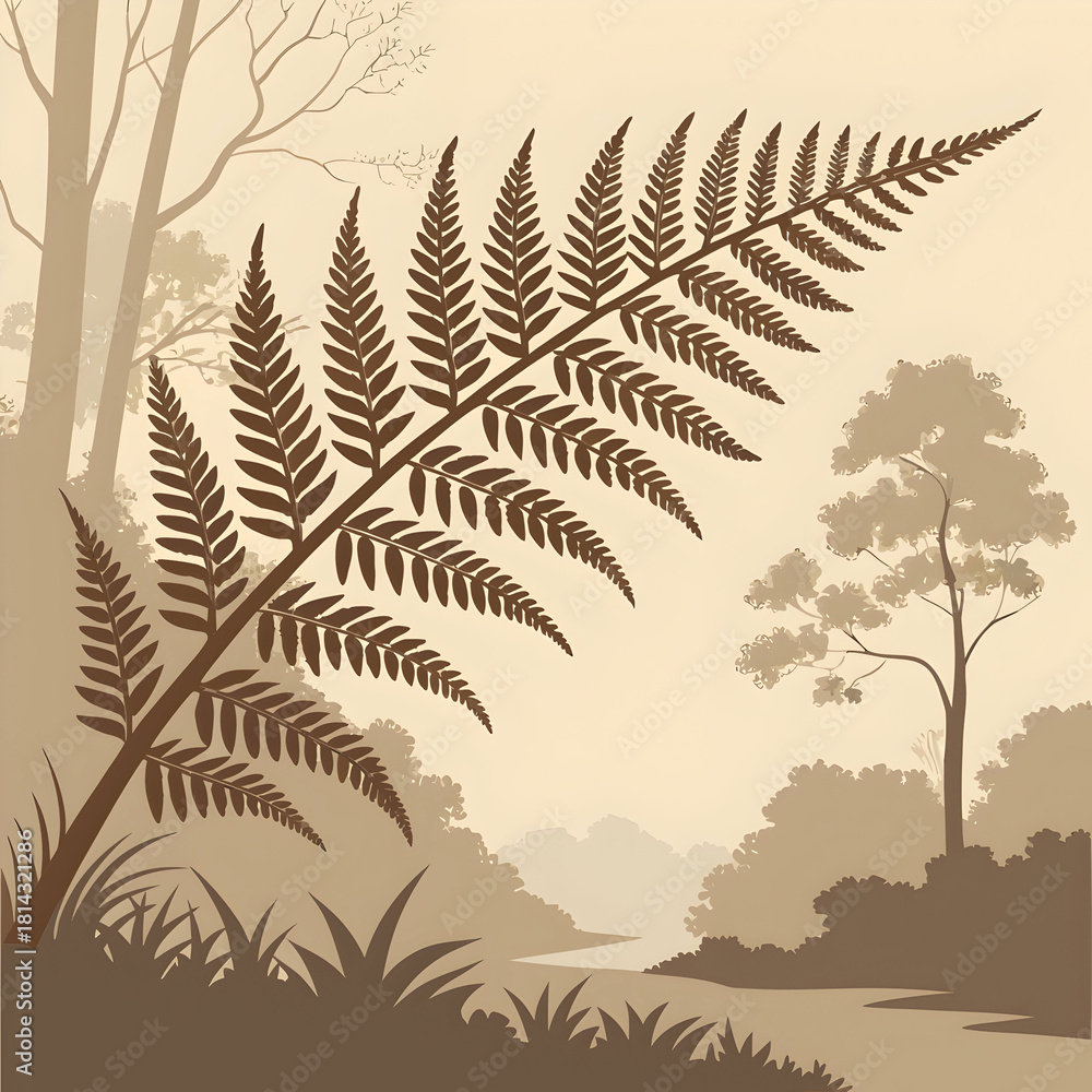 Naklejka premium digital art painting canvas sepia toned fern leaf
