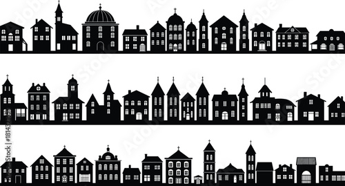 Silhouette town skyline vector, rowed village buildings, historic churches and houses, urban skyline pattern, minimalist black architecture icons, seamless cityscape