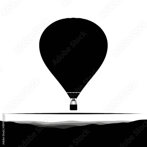 Black Silhouette of a Hot Air Balloon Floating on Transparent Background with Minimal Landscape for Scenic and Travel Design.svg