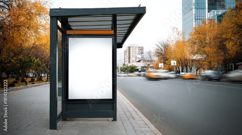 Bus stop with blank billboard in urban setting, perfect for outdoor advertising mockups and promotions