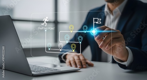 Strategic Roadmap Planning: Project Management & Digital Milestones. Personal Engagement Draw a Path from the Starting Point to the End Goal on a Digital Interface.