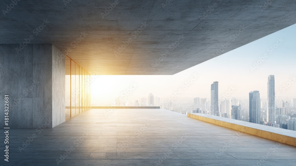 Obraz premium Modern Architecture Balcony with Cityscape View at Sunrise, Contemporary Design and Urban Landscape Concept