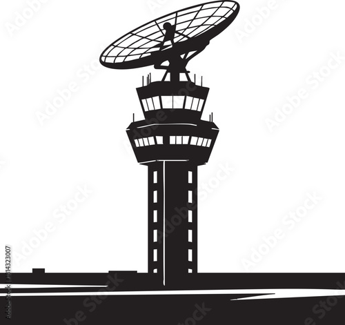 Black silhouette showcases an air traffic control tower topped with a large radar