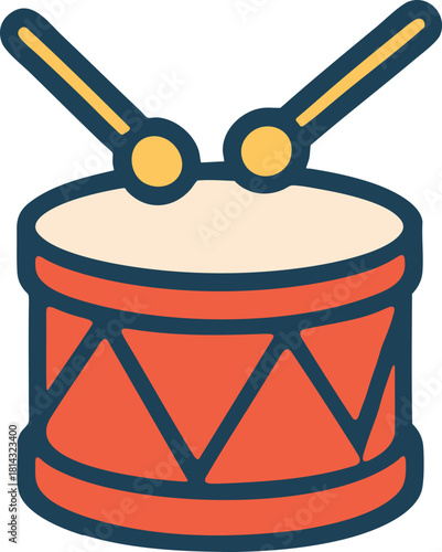 Christmas drum icon in flat colorful outlined style