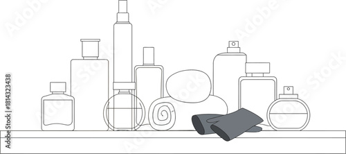 Winter skincare products and spa accessories arranged on a shelf illustration