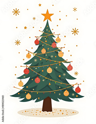 Festive Christmas tree illustration with ornaments and star on white background