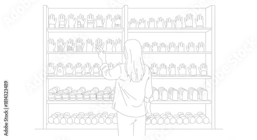 Woman selecting gloves from a shelf in a store with various options available