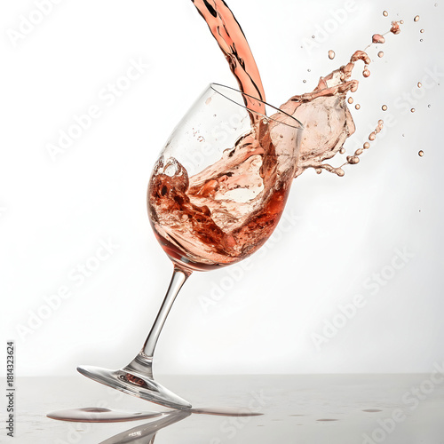glass with rose wine in motion and white color