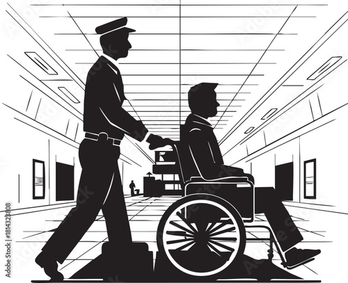 Guard pushing an injured man in wheelchair across a hospital hallway shows support and care