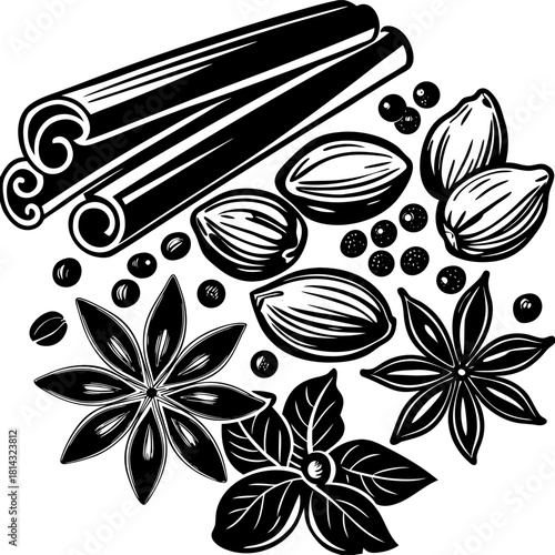 A collection of various spices, isolated on a transparent background, are depicted in a realistic illustration style.  Prominently featured are four cinnamon sticks, stacked in a slightly overlapping 