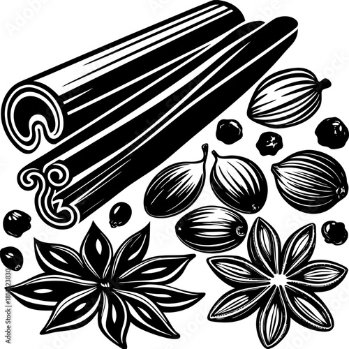 A collection of various spices, isolated on a transparent background, are depicted in a realistic illustration style.  Prominently featured are four cinnamon sticks, stacked in a slightly overlapping 