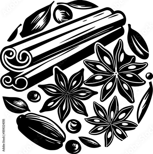 A collection of various spices, isolated on a transparent background, are depicted in a realistic illustration style.  Prominently featured are four cinnamon sticks, stacked in a slightly overlapping 