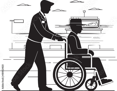Man assisting senior in a wheelchair at airport terminal with transparent background