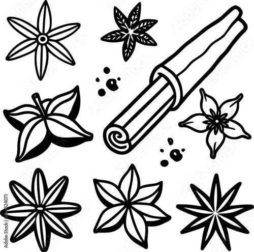 A collection of various spices, isolated on a transparent background, are depicted in a realistic illustration style.  Prominently featured are four cinnamon sticks, stacked in a slightly overlapping 