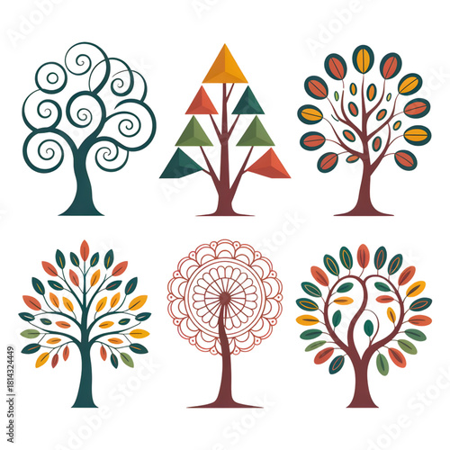 Decorative and Abstract Geometric Tree Design Icons Abstract, decorative, tree, icon, vector, set, collection, stylized, geometric, mandala, swirl, organic, fall colors, nature, spiritual, symbolic 