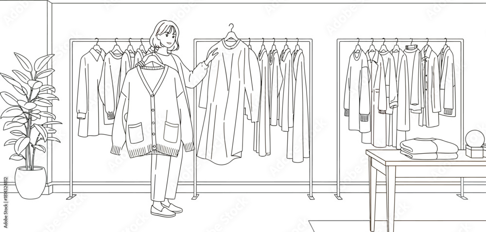 Obraz premium Woman selecting a cardigan from a clothing rack in a minimalist fashion store