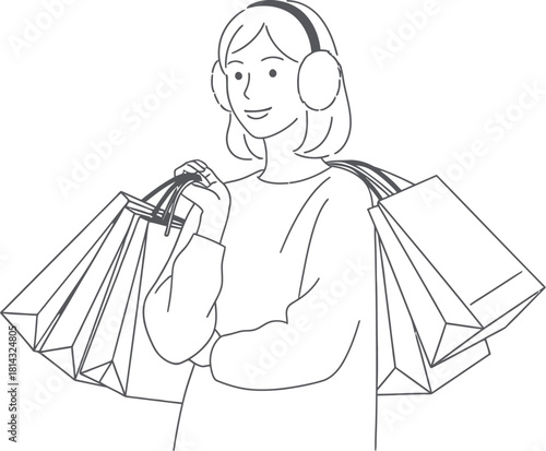 Woman wearing earmuffs carrying shopping bags in a minimalist line drawing style